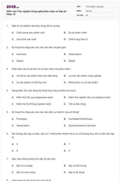 500+ câu Trắc nghiệm Công nghệ phần mềm có đáp án - Phần 16