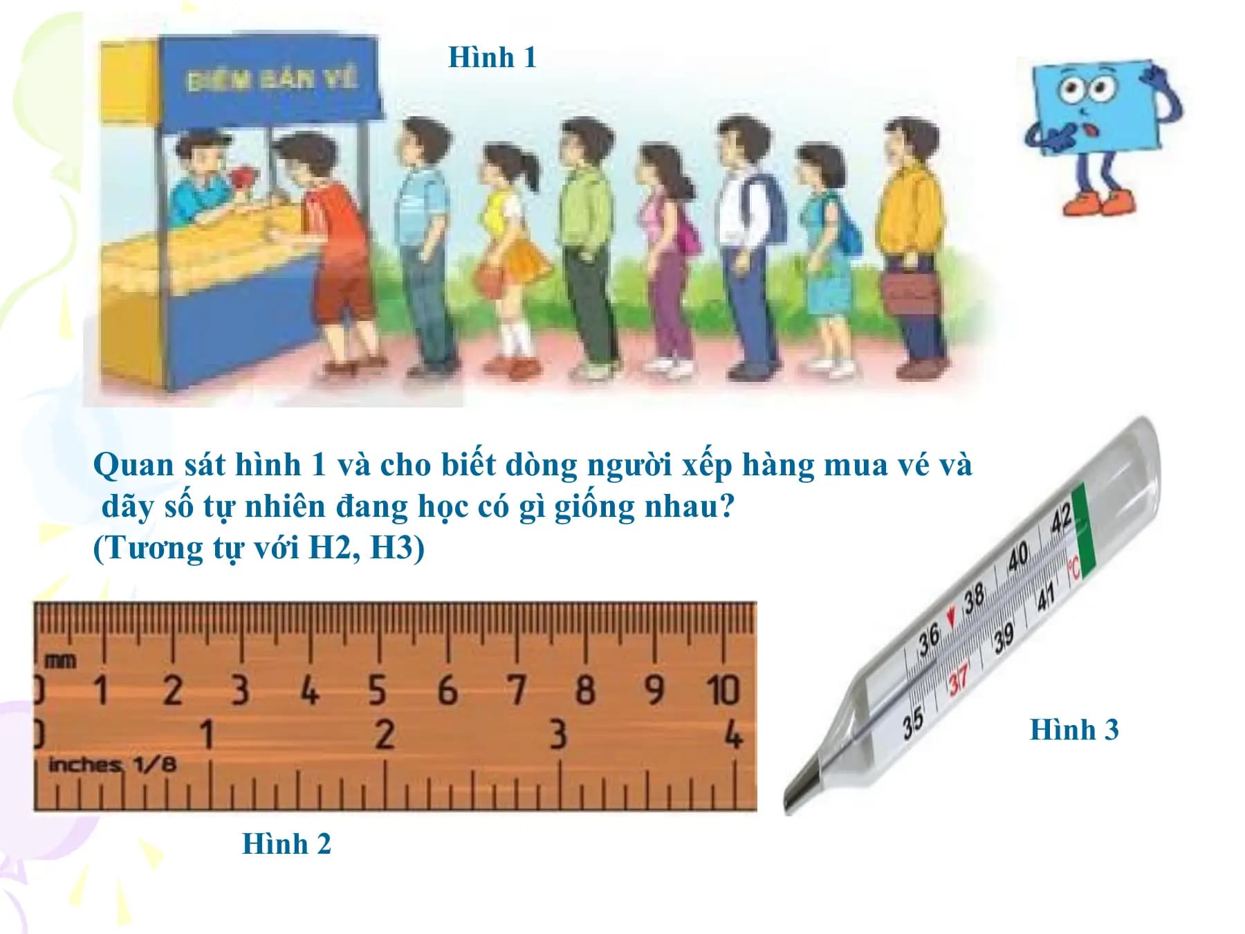 Hình 1

Quan sát hình 1 và cho biết dòng người xếp hàng mua vé và
 dãy số tự nhiên đang học có gì giống nhau?
(Tương tự với H2, H3)

 Hình 3

 Hình 2