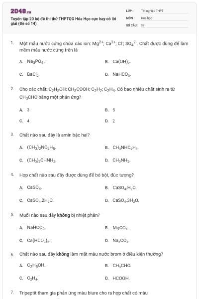 Tuyển tập 20 bộ đề thi thử THPTQG Hóa Học cực hay có lời giải (Đề số 14)