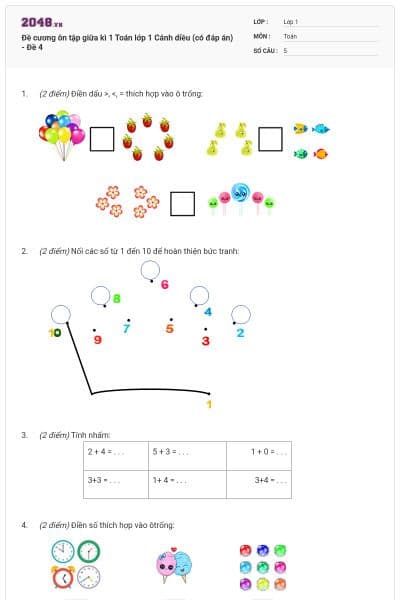 Đề cương ôn tập giữa kì 1 Toán lớp 1 Cánh diều (có đáp án) - Đề 4