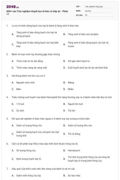 800+ câu Trắc nghiệm Huyết học tế bào có đáp án - Phần 11