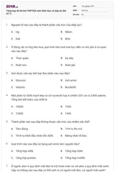 Tổng hợp đề thi thử THPTQG môn Sinh Học có đáp án (Đề số 1)