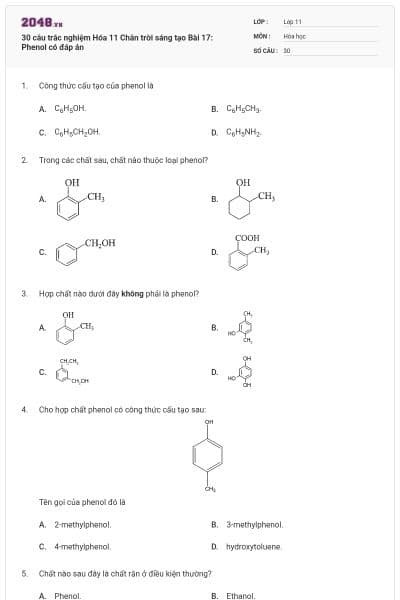 30 câu trắc nghiệm Hóa 11 Chân trời sáng tạo Bài 17: Phenol có đáp án