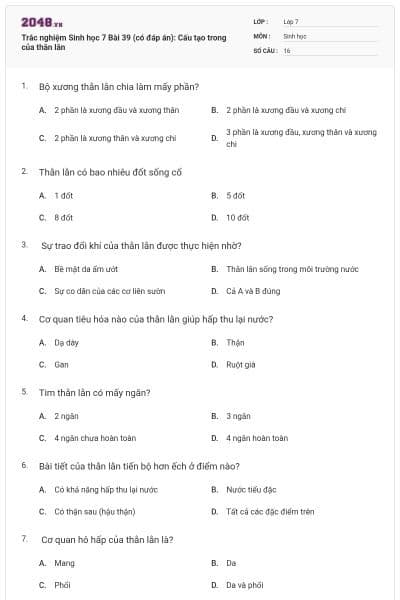 Trắc nghiệm Sinh học 7 Bài 39 (có đáp án): Cấu tạo trong của thằn lằn