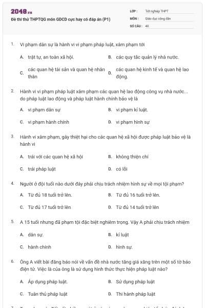 Đề thi thử THPTQG môn GDCD cực hay có đáp án (P1)