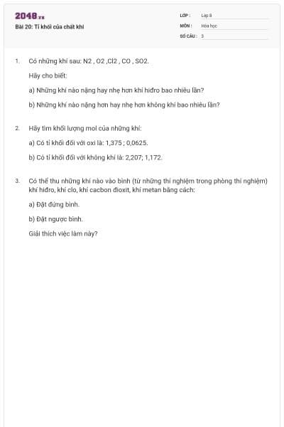 Bài 20: Tỉ khối của chất khí