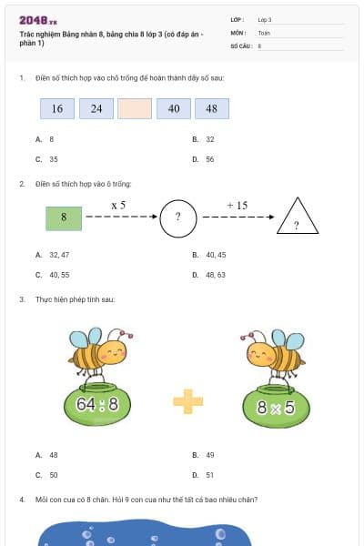 Trắc nghiệm Bảng nhân 8, bảng chia 8 lớp 3 (có đáp án - phần 1)
