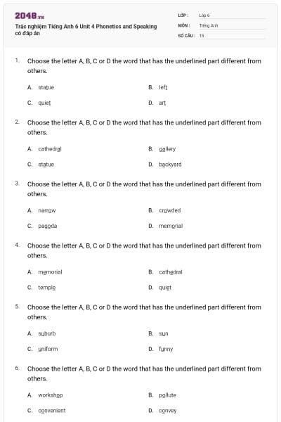 Trắc nghiệm Tiếng Anh 6 Unit 4 Phonetics and Speaking có đáp án