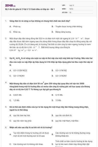 Bộ 3 đề thi giữa kì 2 Vật lí 12 Cánh diều có đáp án - Đề 1