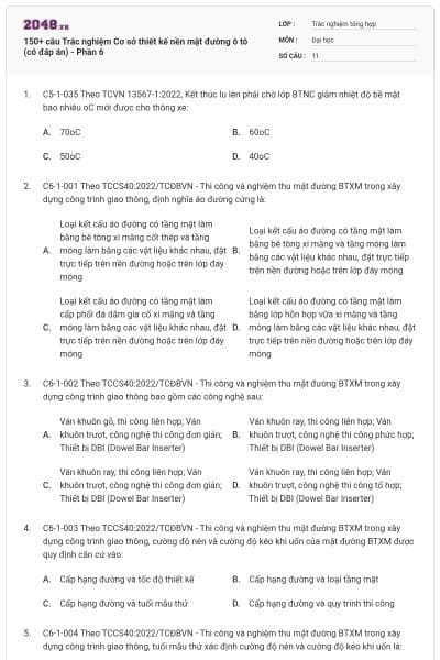 150+ câu Trắc nghiệm Cơ sở thiết kế nền mặt đường ô tô (có đáp án) - Phần 6