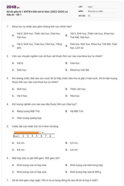Đề thi giữa kì 1 KHTN 6 Kết nối tri thức (2023-2024) có đáp án - Đề 1