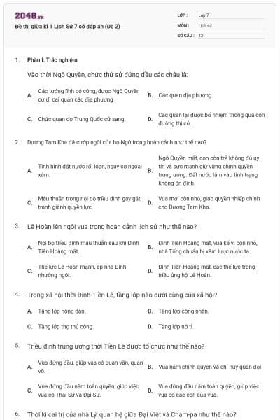 Đề thi giữa kì 1 Lịch Sử 7 có đáp án (Đề 2)