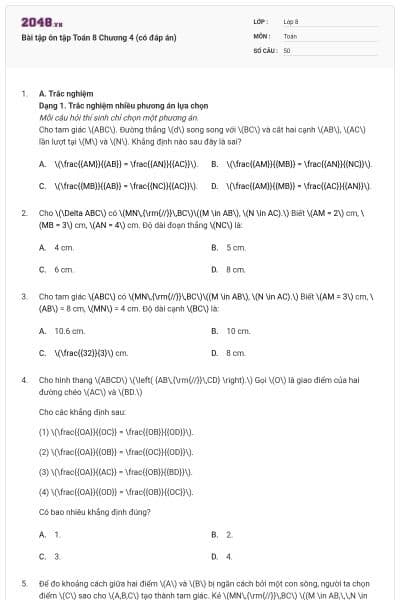 Bài tập ôn tập Toán 8 Chương 4 (có đáp án)