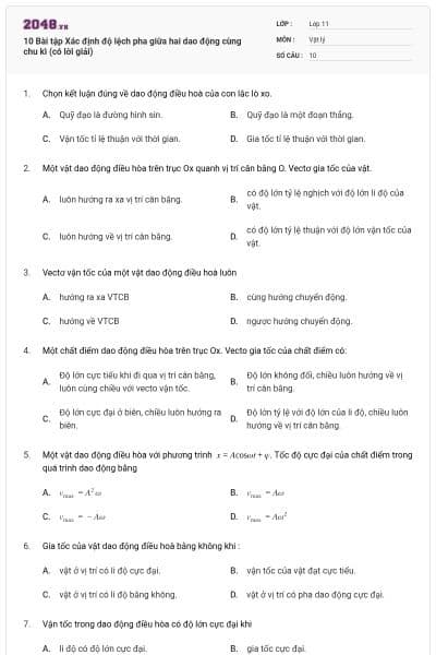 10 Bài tập Xác định độ lệch pha giữa hai dao động cùng chu kì (có lời giải)