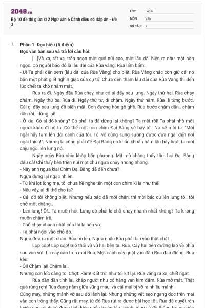 Bộ 10 đề thi giữa kì 2 Ngữ văn 6 Cánh diều có đáp án - Đề 3