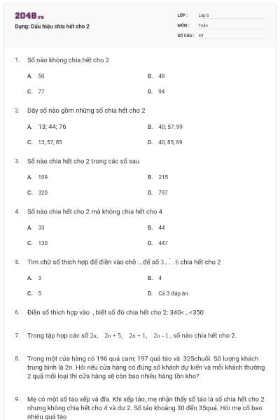 Dạng: Dấu hiệu chia hết cho 2