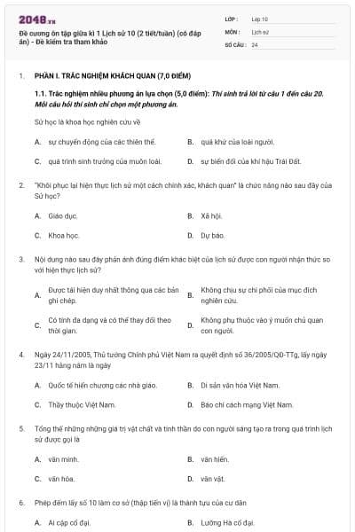Đề cương ôn tập giữa kì 1 Lịch sử 10 (2 tiết/tuần) (có đáp án) - Đề kiểm tra tham khảo