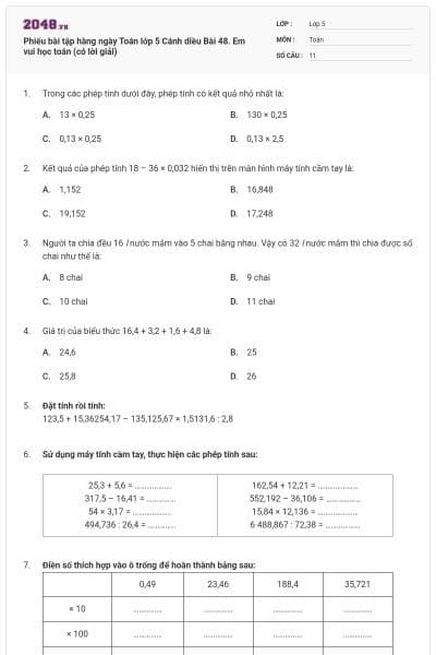 Phiếu bài tập hàng ngày Toán lớp 5 Cánh diều Bài 48. Em vui học toán (có lời giải)