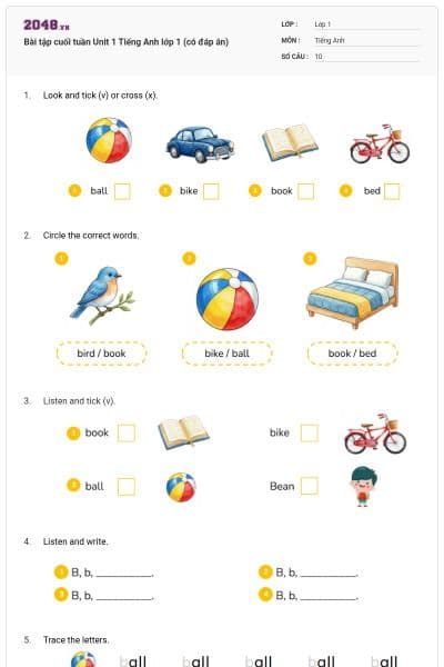Bài tập cuối tuần Unit 1 Tiếng Anh lớp 1 (có đáp án)