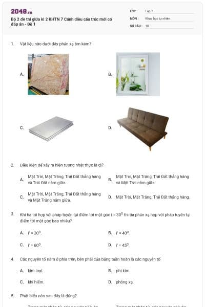 Bộ 2 đề thi giữa kì 2 KHTN 7 Cánh diều cấu trúc mới có đáp án - Đề 1