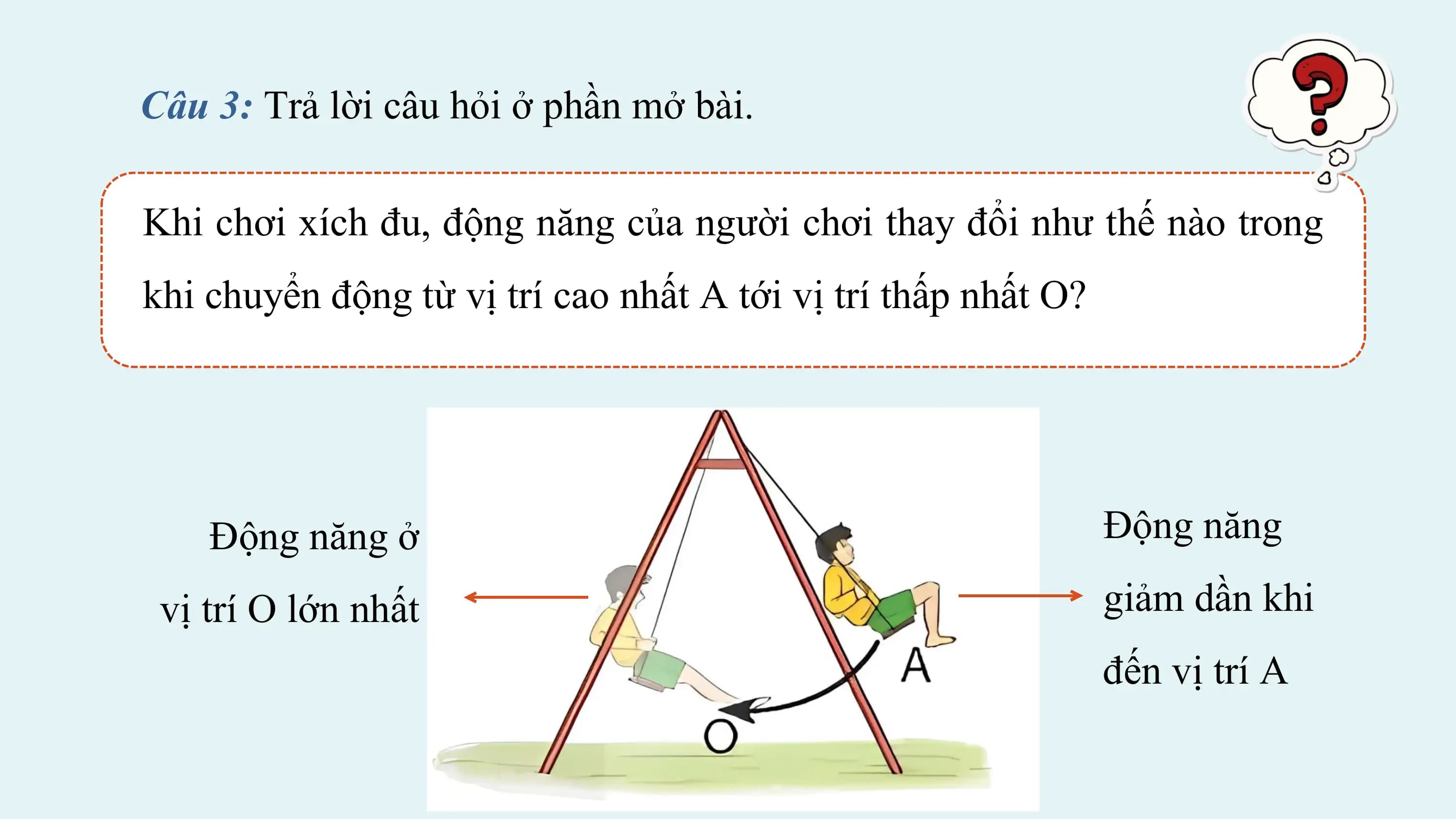 Câu 3: Trả lời câu hỏi ở phần mở bài.

Khi chơi xích đu, động năng của người chơi thay đổi như thế nào trong
khi chuyển động từ vị trí cao nhất A tới vị trí thấp nhất O?

 Động năng ở Động năng

 vị trí O lớn nhất giảm dần khi
 đến vị trí A