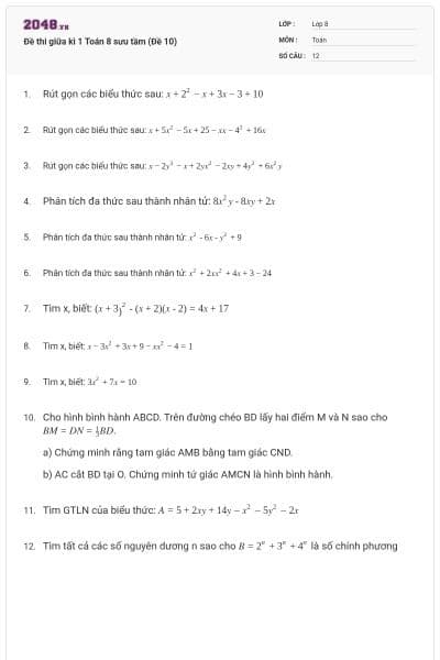 Đề thi giữa kì 1 Toán 8 sưu tầm (Đề 10)