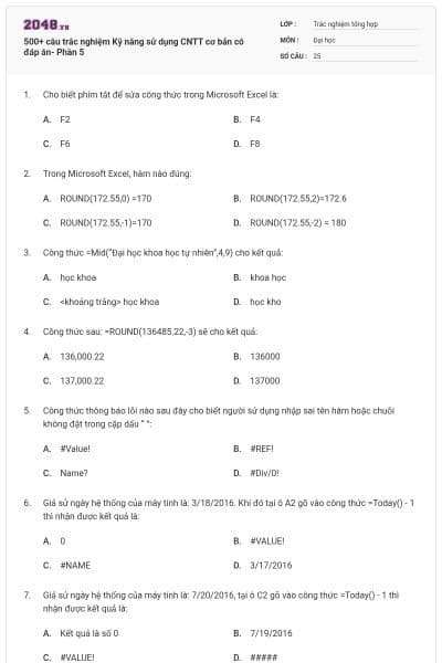 500+ câu trắc nghiệm Kỹ năng sử dụng CNTT cơ bản có đáp án- Phần 5