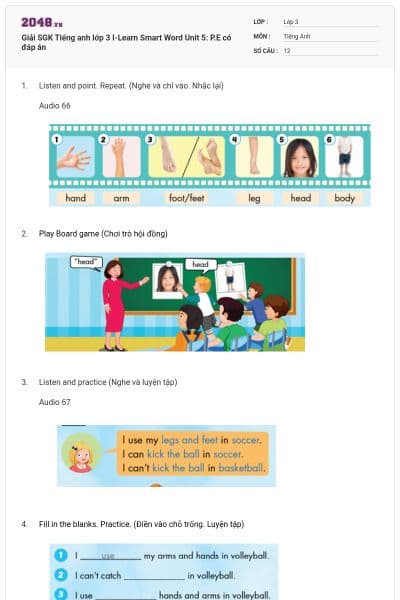 Giải SGK Tiếng anh lớp 3 I-Learn Smart Word Unit 5: P.E có đáp án