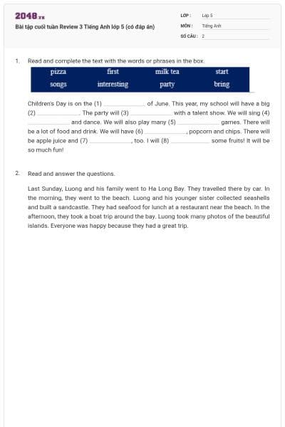 Bài tập cuối tuần Review 3 Tiếng Anh lớp 5 (có đáp án)
