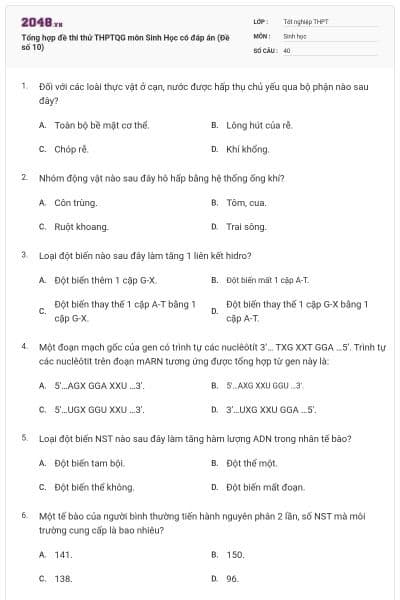 Tổng hợp đề thi thử THPTQG môn Sinh Học có đáp án (Đề số 10)