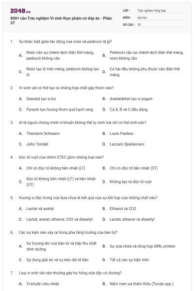 800+ câu Trắc nghiệm Vi sinh thực phẩm có đáp án - Phần 37