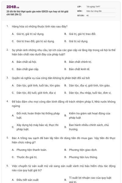 20 đề thi thử thpt quốc gia môn GDCD cực hay có lời giải chi tiết (Đề 2)