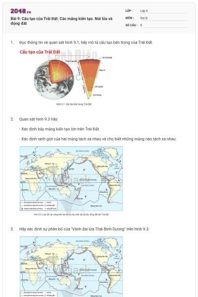 Bài 9: Cấu tạo của Trái Đất. Các mảng kiến tạo. Núi lửa và động đất