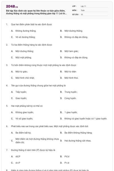 Bài tập Xác định các quan hệ liên thuộc cơ bản giữa điểm, đường thẳng và mặt phẳng trong không gian lớp 11 (có lời giải)