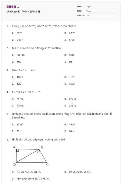 Đề thi học kì I Toán 4 (Đề số 4)