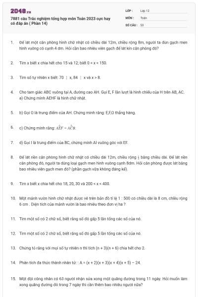 7881 câu Trắc nghiệm tổng hợp môn Toán 2023 cực hay có đáp án ( Phần 14)