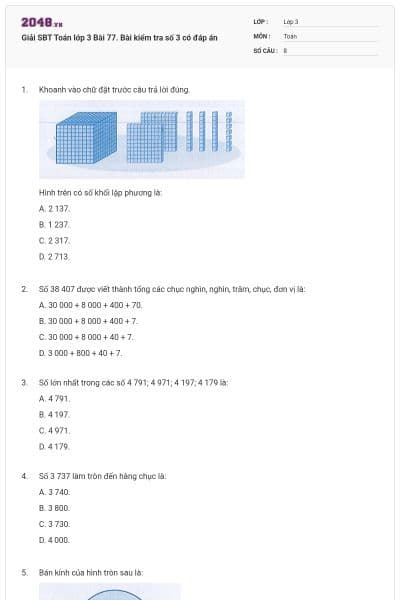 Giải SBT Toán lớp 3 Bài 77. Bài kiểm tra số 3 có đáp án