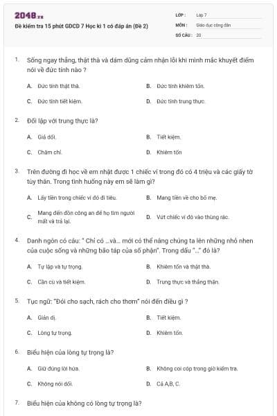 Đề kiểm tra 15 phút GDCD 7 Học kì 1 có đáp án (Đề 2)