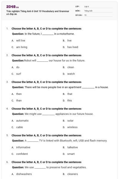 Trắc nghiệm Tiếng Anh 6 Unit 10 Vocabulary and Grammar có đáp án