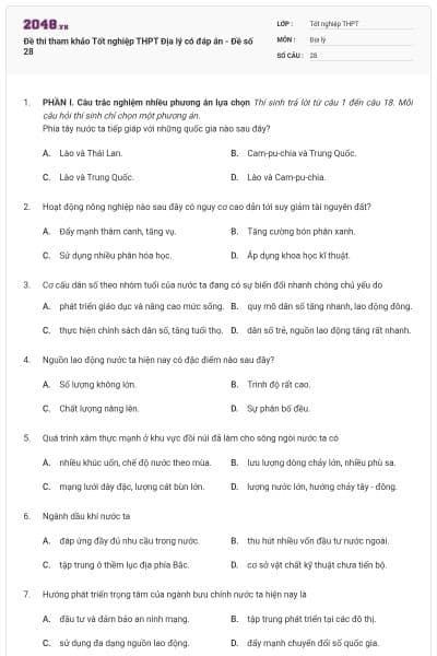 Đề thi tham khảo Tốt nghiệp THPT Địa lý có đáp án - Đề số 28