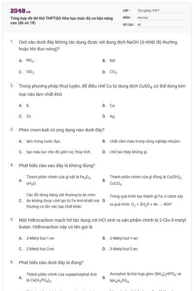 Tổng hợp đề thi thử THPTQG Hóa học mức độ cơ bản nâng cao (đề số 19)