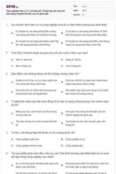 Trắc nghiệm Địa Lí 11 (có đáp án): Tổng hợp các câu hỏi vận dụng chuyên đề khu vực và quốc gia