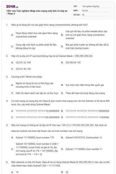 100+ câu Trắc nghiệm Nhập môn mạng máy tính có đáp án - Phần 4