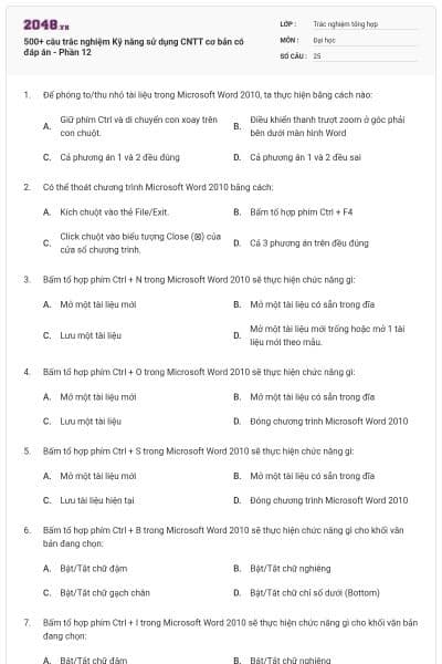 500+ câu trắc nghiệm Kỹ năng sử dụng CNTT cơ bản có đáp án - Phần 12