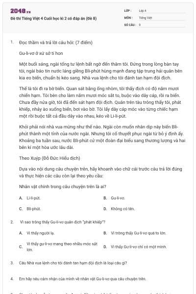 Đề thi Tiếng Việt 4 Cuối học kì 2 có đáp án (Đề 8)