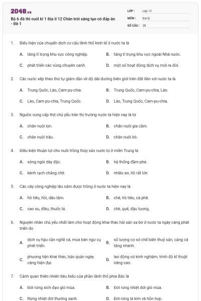 Bộ 6 đề thi cuối kì 1 Địa lí 12 Chân trời sáng tạo có đáp án - Đề 1