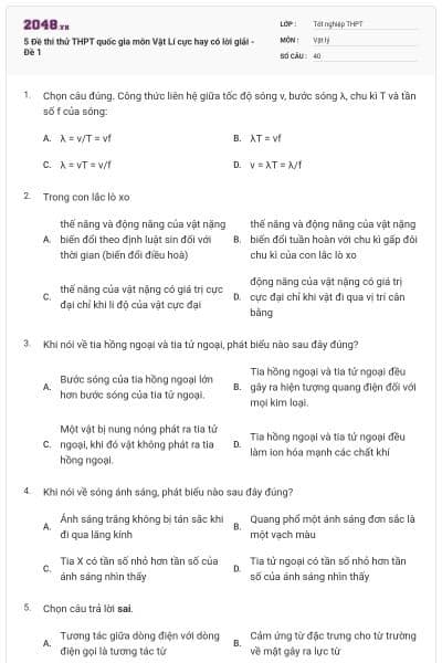 5 Đề thi thử THPT quốc gia môn Vật Lí cực hay có lời giải - Đề 1