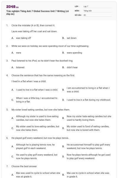 Trắc nghiệm Tiếng Anh 7 Global Success Unit 7 Writing (có đáp án)