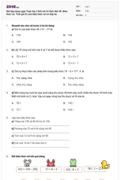 Bài tập hàng ngày Toán lớp 3 Kết nối tri thức Bài 38. Biểu thức số. Tính giá trị của biểu thức số có đáp án
