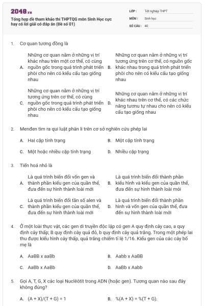 Tổng hợp đề tham khảo thi THPTQG môn Sinh Học cực hay có lời giải có đáp án (Đề số 01)
